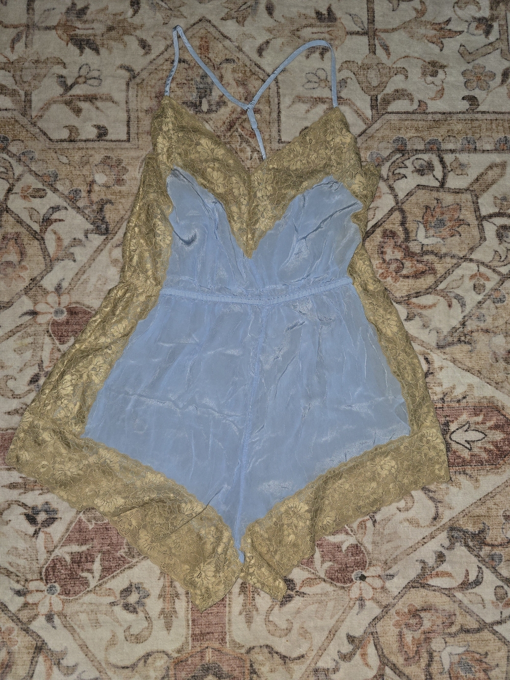 Zara Bridal Light Blue Satin Chemise with Gold Lace Trim